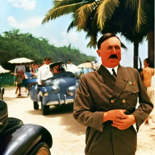 Image similar to adolf hitler enjoying the summer in cuba, photo made by Slim Aarons, award winning,