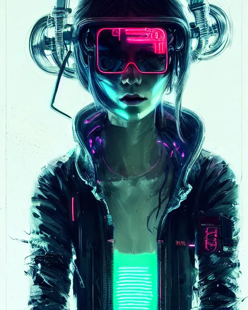 Prompt: detailed portrait neon operator lady, long messy hair, cyberpunk futuristic, neon, reflective puffy coat, decorated with traditional japanese by ismail inceoglu dragan bibin hans thoma greg rutkowski alexandros pyromallis nekro rene margitte, illustrated, perfect face, fine details, realistic shaded, fine - face, pretty face