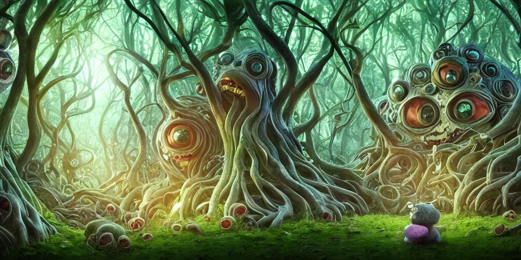 Prompt: of an intricate forest with strange cute friendly happy creatures with huge eyes, mouth, long tongue, round teeth and goofy face, appearing from the background, in the style of gehry and gaudi, macro lens, shallow depth of field, ultra detailed, digital painting, trending artstation, concept art, illustration, cinematic lighting, photorealism, epic, octane render