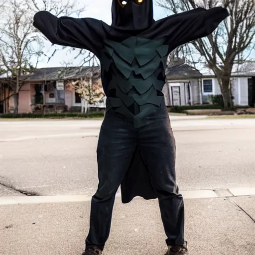 Image similar to a highly detailed picture of a man wearing a epic homemade shadow hero costume