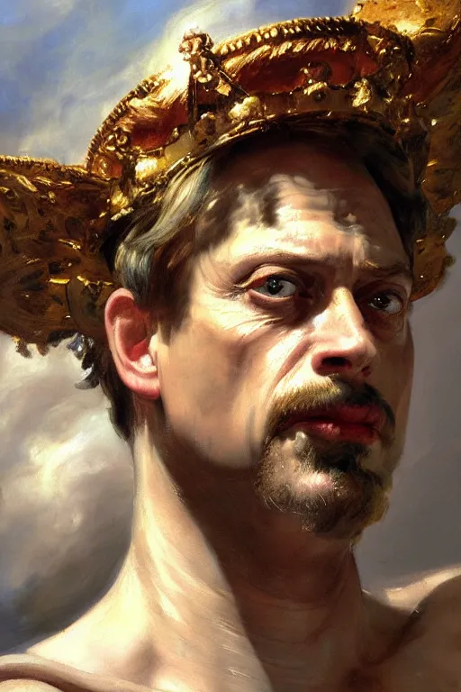 Image similar to beautiful detailed expressive impressionistic oil painting portrait of ancient roman god emperor steve buscemi ascending into the clouds wearing the civic crown, renaissance painting, art by anders zorn, wonderful masterpiece by greg rutkowski, expressive brush strokes, beautiful cinematic light, american romanticism by greg manchess, jessica rossier