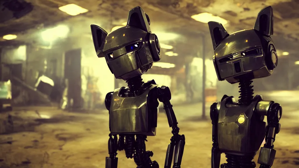 Prompt: film still from the movie chappie of the robot chappie shiny metal indoor dance party rave scene bokeh depth of field several figures furry anthro anthropomorphic stylized cat ears head android service droid robot machine fursona