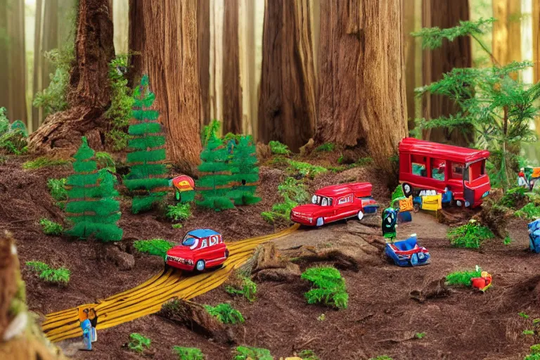 Image similar to fisher price redwood forest, california scene from tv show hyper detailed 5 5 mm 8 5 mm, toy photography, made out of plastic