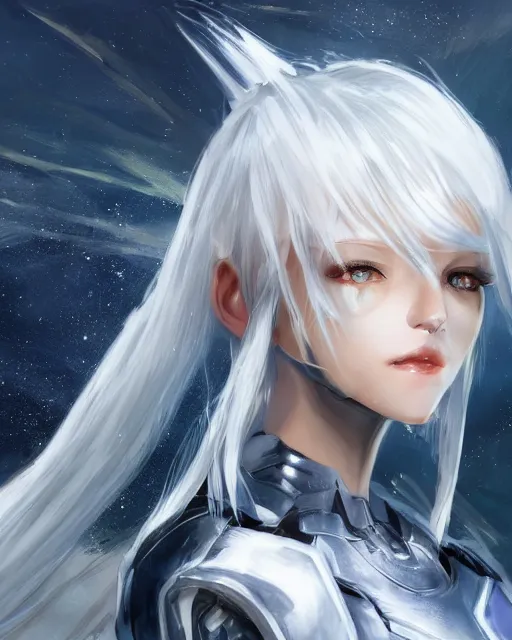 Image similar to perfect white haired girl, warframe armor, beautiful, dreamy, pretty face, blue eyes, portrait, detailed, windy weather, scifi, utopian architecture in the background, laboratory, 4 k, ultra realistic, aura of light, cinematic, high detail, masterpiece, art by akihito tsukushi, akasuki brightmind