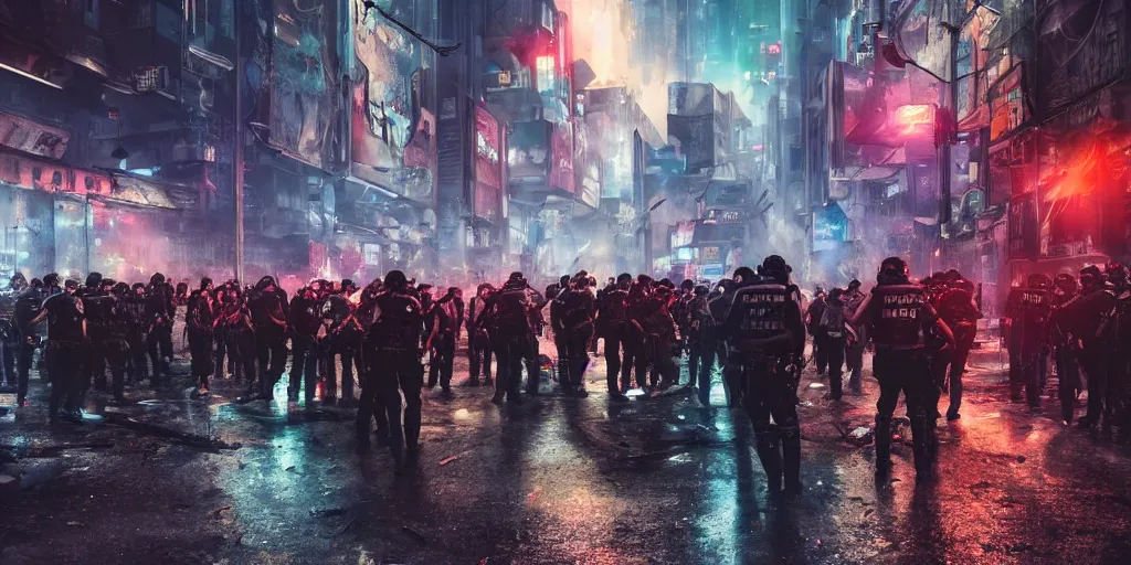 Image similar to very long shot, riot in a cyberpunk city, police use special equipment against the crowd on a square, high detail art, evening, police sirens in smoke, dark environment