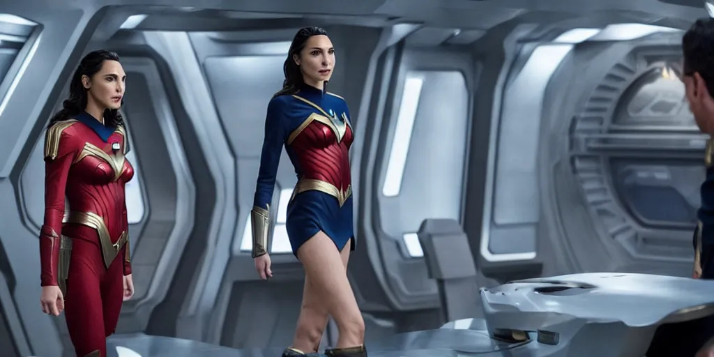 Image similar to Gal Gadot, in full starfleet uniform, is the captain of the starship Enterprise in the new Star Trek movie