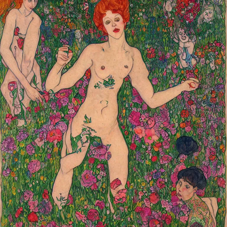 Image similar to a ginger lady with a pixie cut and covered in tattoos dancing by the riverside in a garden full of huge flowers by tivadar csontvary kosztka and egon schiele