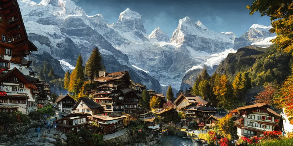 Image similar to switzerland wengen beautiful landscape, ultrafine highly detailed hyper colorful illustration, sharp focus, rozalski, craig mullins, unreal engine highly rendered, global illumination, radiant light, intricate and detailed environment