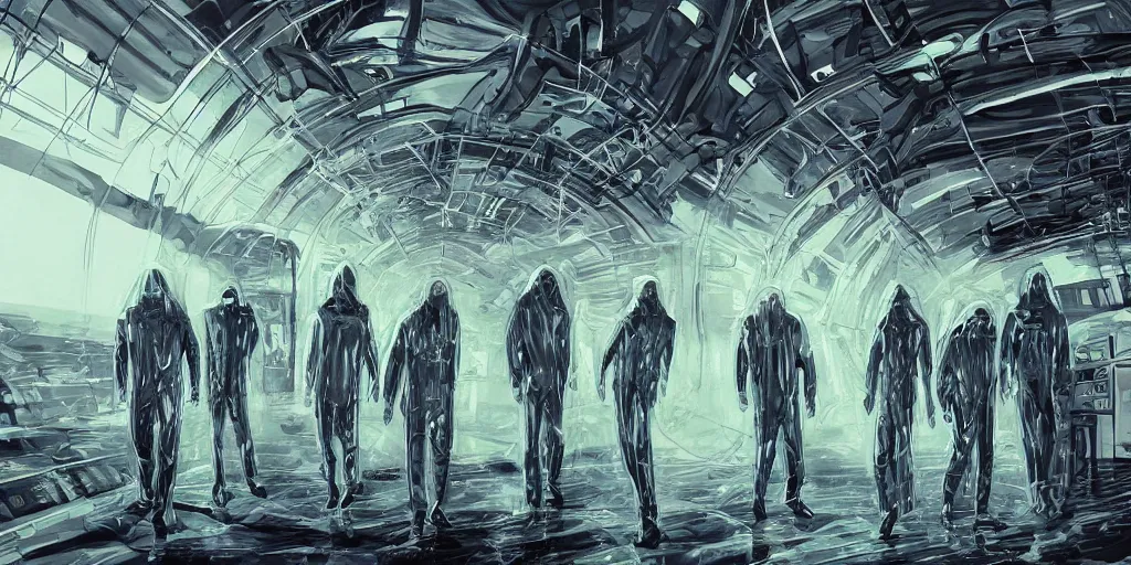 Image similar to sci - fi alien squad in wet cloaks, infiltrating on the ceiling of the mega - structure facility at midnight storm, lightning, hyper - detailed, art