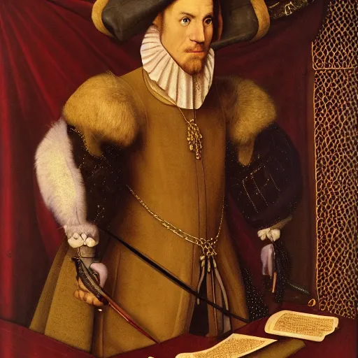 Prompt: a highly detailed portrait of phoenix wright, wearing elegant tudor clothes, inside a room with thick red tapestries, oil painting by hans holbein and alessandro allori and richard burbage