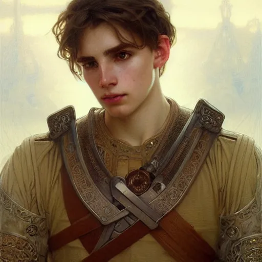 Image similar to portrait painting of a pale serious young man with soft face and medium brown wavy hair wearing armor, ultra realistic, small orbit, concept art, intricate details, eerie, highly detailed, pursed lips, melancholy expression, photorealistic, wide upturn nose, prominent chin, octane render, 8 k, unreal engine. art by artgerm greg rutkowski alphonse mucha