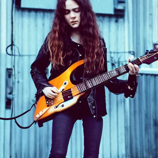 Image similar to 1 9 - year - old girl with wavy long hair, wearing black leather jacket and denim jeans, holding electric guitar, stoner rock, doom metal, concert, live concert footage