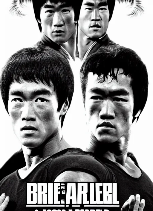 Image similar to Film poster Arnold Schwarzenegger VS Bruce lee , faces look at each other, detailed and realistic, 4k, filmic render