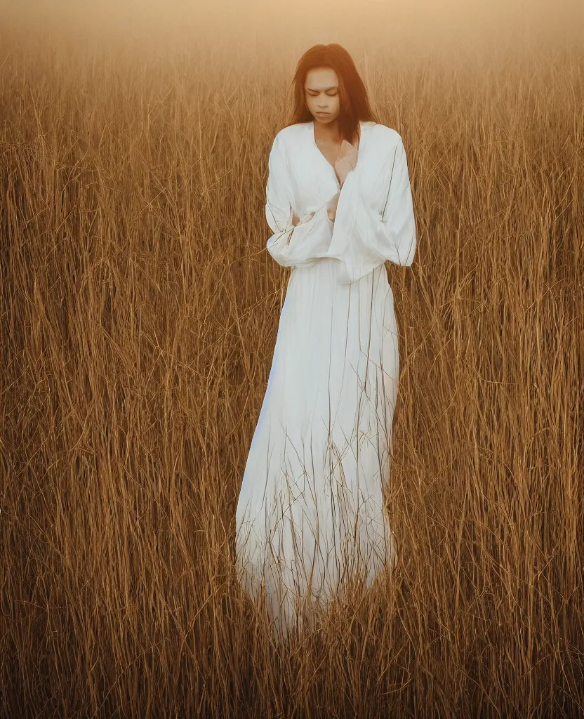 Prompt: “ a sad woman wearing a white gown standing in a tall grass field during a foggy sunset, photorealistic ”