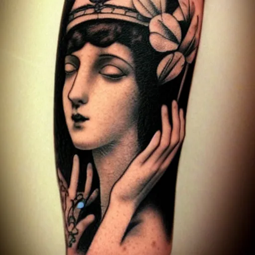 Prompt: beautiful thin wan angelic goddess in the style of fernand khnopff and lucien levy - dhurmer, tattoo on arm, detailed beautiful tattoo