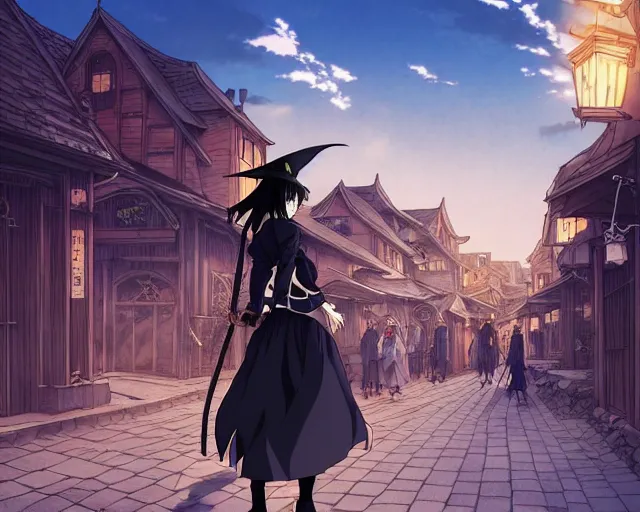 Prompt: key anime visual portrait of a young female witch walking through a busy village, dynamic pose, dynamic perspective, cinematic, dramatic lighting, muted colors, detailed silhouette, textured, finely detailed eyes, anime proportions, anmi, murata range, kentaro miura