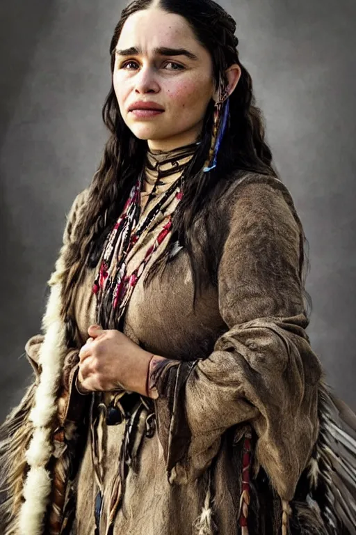 Image similar to Photo of Native American indian woman Emilia Clarke, portrait, skilled warrior of the Apache, ancient, realistic, detailed, Emilia Clarke