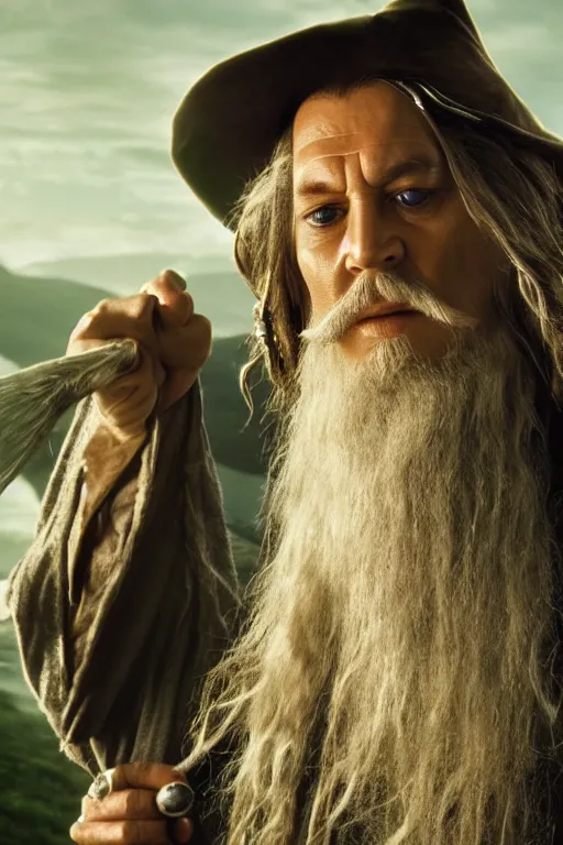 Image similar to film still of johnny depp as gandalf in lord of the rings movie, glamour pose, dramatic lighting, octane, volumetric lighting, 8 k