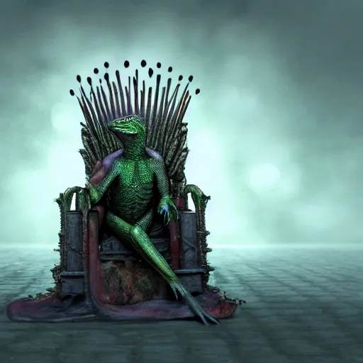 Image similar to half lizardhuman king on throne, fantasy punk, 8k