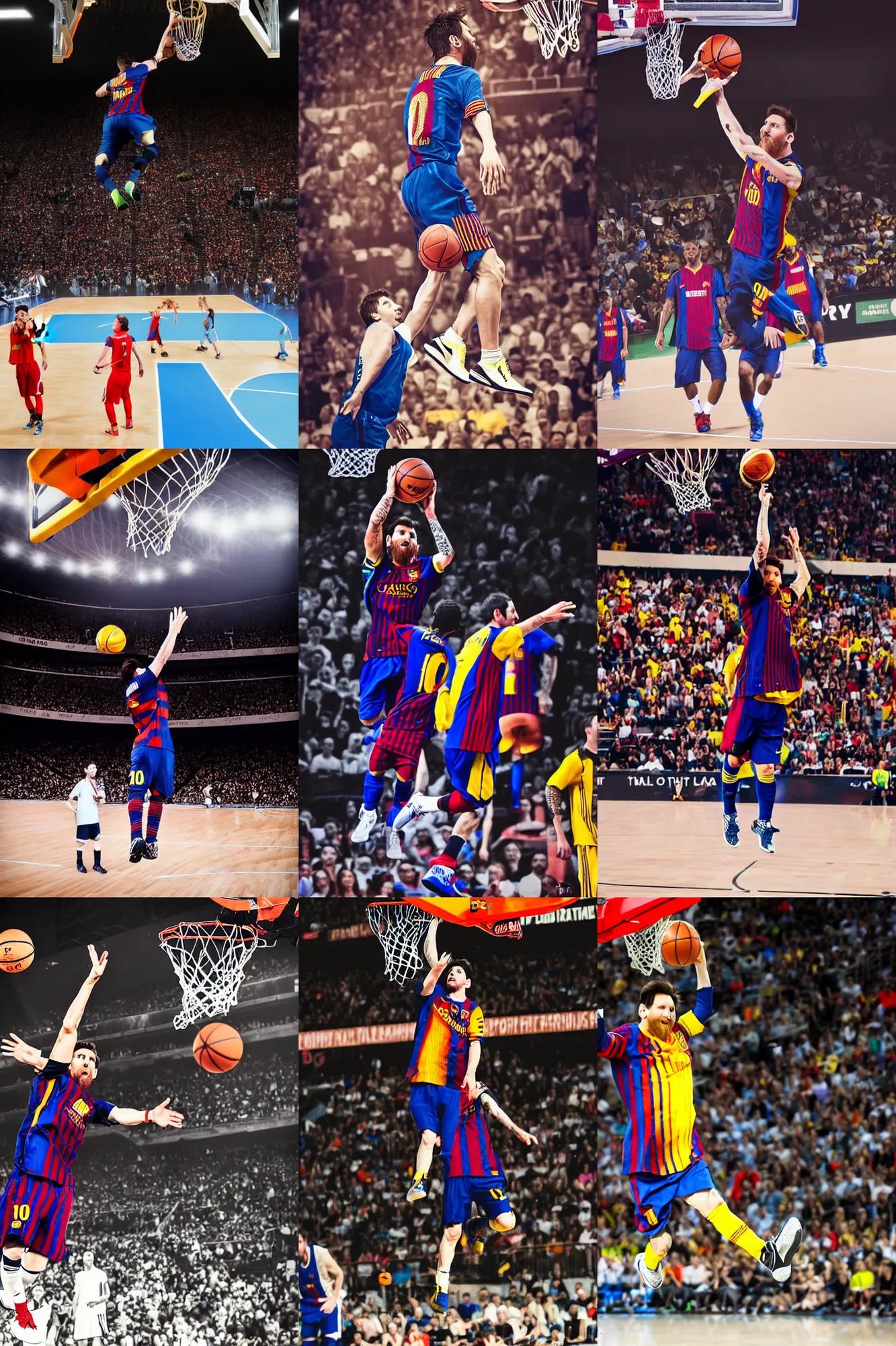 Prompt: lionel messi playing basketball, dunking contest!!!!, sports photography, 4 k, highly detailed