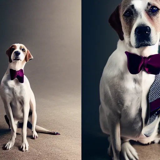 Image similar to high quality fashion portrait photography of dog wearing suits from national geographic award, vogue magazine, elle magazine, studio lighting, rule of third