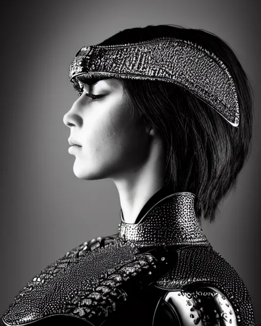 Image similar to a profile portrait, a stunning young woman - crow - cyborg, editorial photography, bw, shot on 7 0 mm, depth of field, f / 2. 8, high contrast, 1 6 k, volumetric lighting, shiny, insanely detailed and intricate, hypermaximalist, elegant, ornate, hyper realistic, super detailed