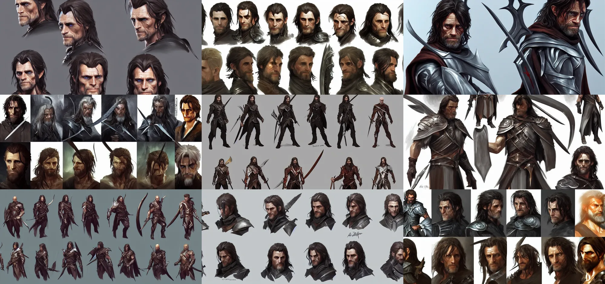 Prompt: concept art of willem dafoe as aragorn game characters head designs, unique hairstyles, warrior, assassin, overwatch by marc brunet and artgerm