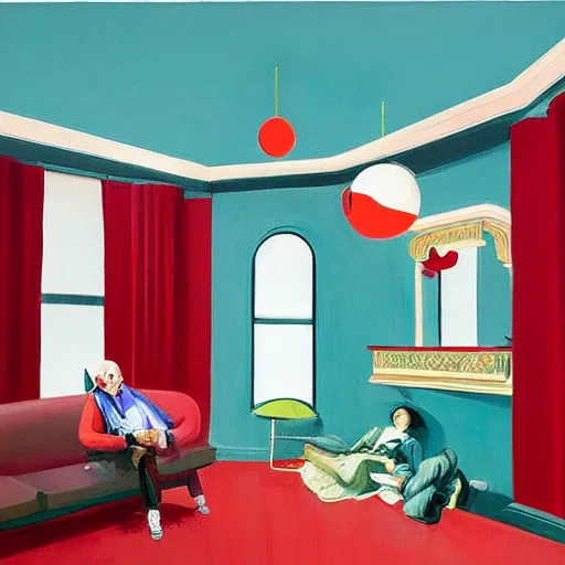 Image similar to spherical people with clouds at red green art deco living room, open ceiling, highly detailed, painted by Francis Bacon and Edward Hopper, painted by James Gilleard, surrealism, airbrush, art by JamesJean