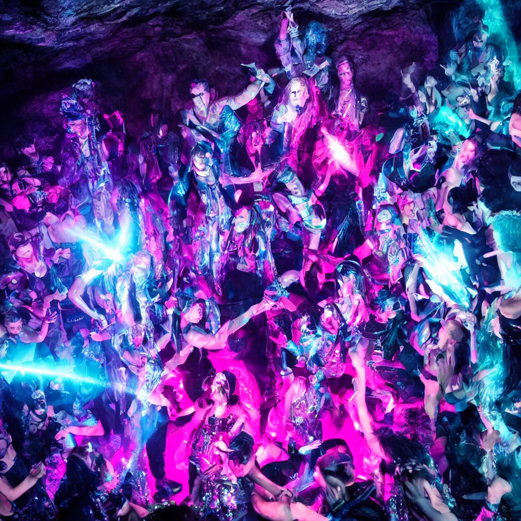 Image similar to cinematic shot of a goth disco in a cave, holographic knives!!! with pink lasers and blue crystals, brutal weapons!!! holographic knives!!! goth people dancing, dark evil ritual, 8 k photograph