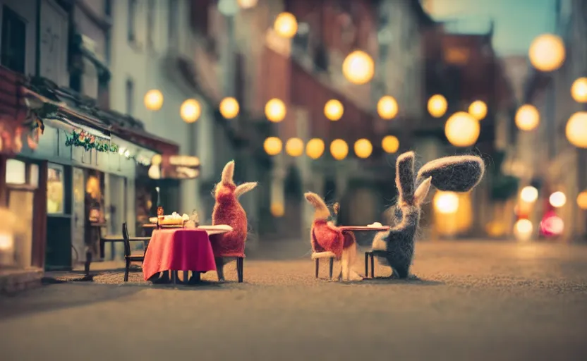 Image similar to miniature cafe diorama macro photography, cafe with felted bunnies on a date, alleyway, ambient, atmospheric, british, cozy, bokeh, romantic, colorful lanterns