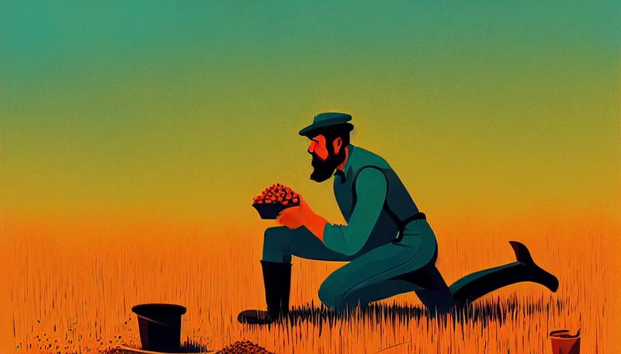 Prompt: farmer kneeling down putting a seed in the ground, limited neutral palette, by petros afshar, anton fadeev, dean ellis, beautiful graphic full body portrait, propaganda poster art 1 9 7 0 s illustrated advertising art, painterly character design