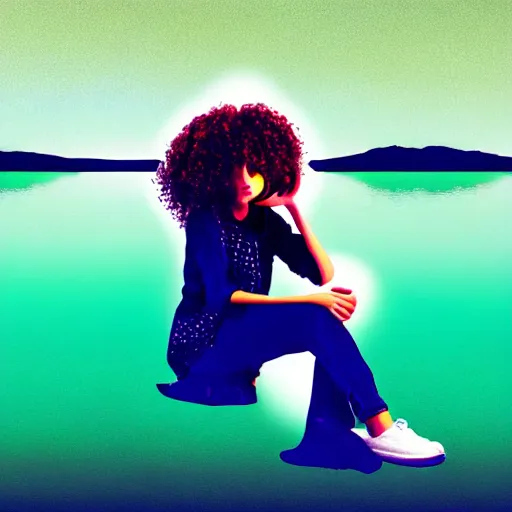 Prompt: crazy abstract full shot photo of a girl with curly hair in headphones sitting near the lake of musical notes, bleach bypass, futurism painting