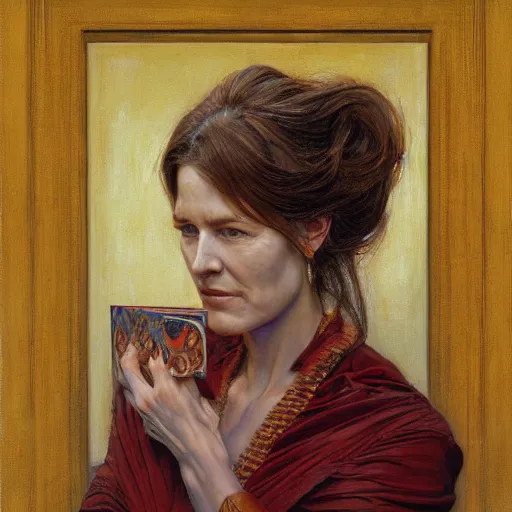 Prompt: portrait of a woman with a painted wood mask, by donato giancola.