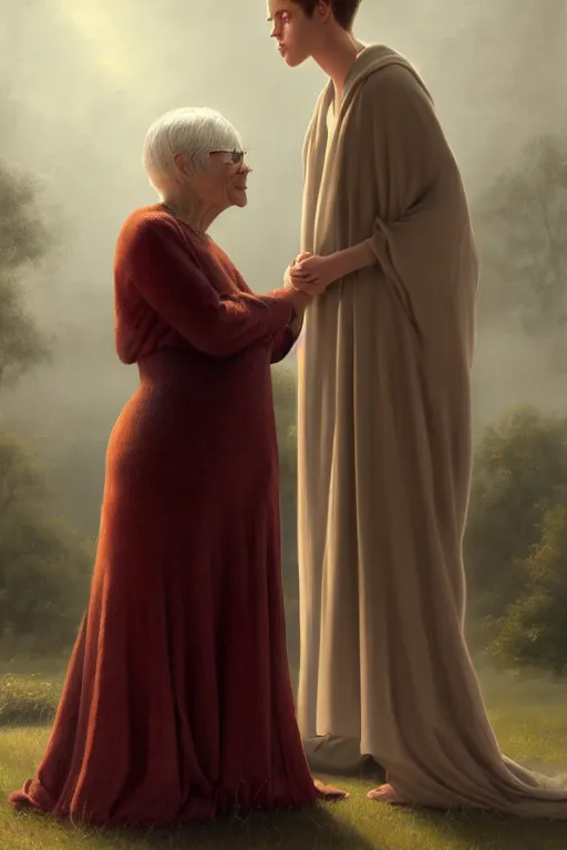 Prompt: Pete Davidson As A Short Midget Being Walked By Kim Kardashian As An Old Lady illustration, soft lighting, soft details, painting oil on canvas by Edmund Blair Leighton and Charlie Bowater octane render, HDR, trending on artstation, 4k, 8k, HD