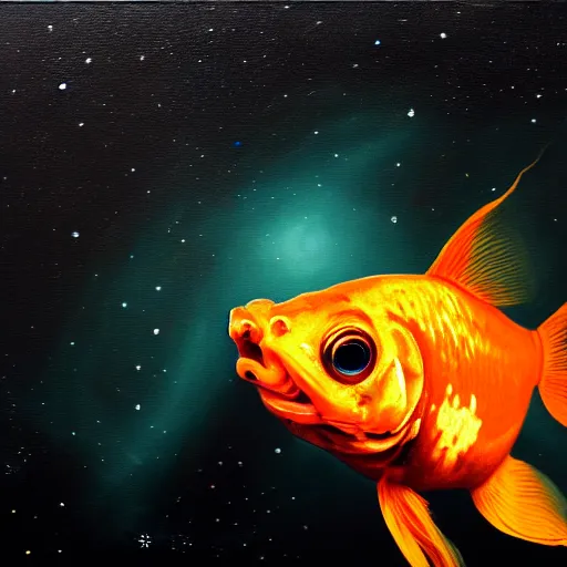 Prompt: portrait of a goldfish in the dark depths of space, detailed realism face in painting, detailed beautiful portrait, oil painting masterpiece, 8 k resolution, smooth, sharp focus, trending on artstation, by rembrandt