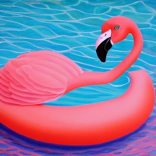 Image similar to flamingo pool float in a vast rippling swimming pool, oil painting