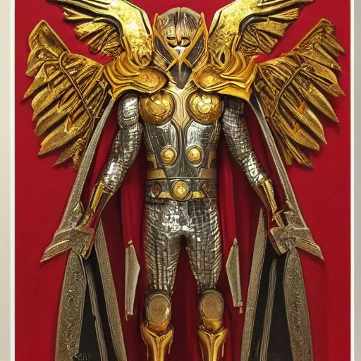 Image similar to Thor in Gold and Red Ornate Armor with Gold Wings, Lightening around the hands and eyes, levitating above the ground, highly detailed, intricate armor, symmetry