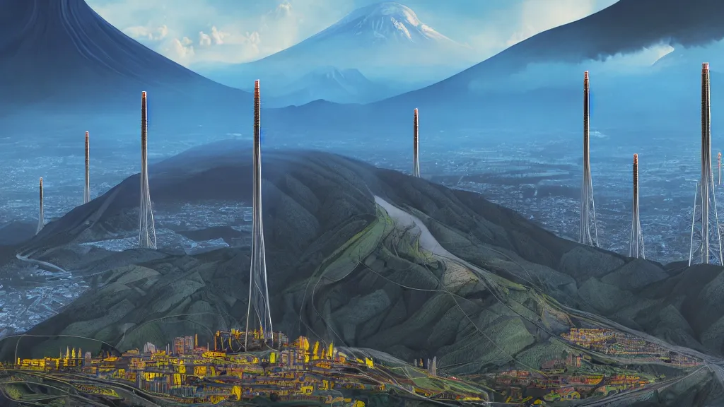 Image similar to Epic Nuclear power towers gracefully over the mountain valley of Quito, Ecuador; by Oswaldo Moncayo and Vincent Callebaut; line work and detailing by Simon Stålenhag, oil on canvas; Art Direction by James Cameron; Location: Quito Ecuador 4K, 8K; Ultra-Realistic Depth Shading