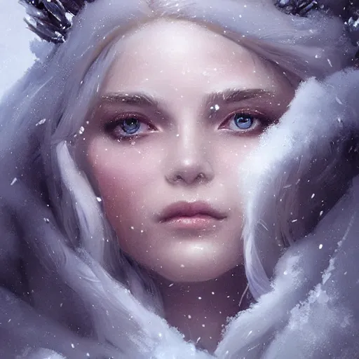 Image similar to a beautiful portrait of an winter goddess with ice hair by Greg Rutkowski and Raymond Swanland, snowflakes falling, Trending on Artstation, ultra realistic digital art