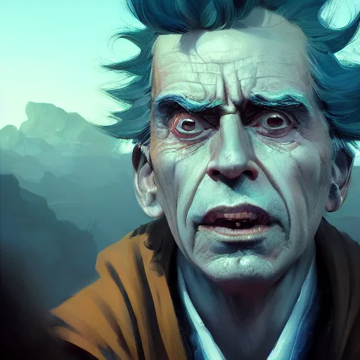 Prompt: closeup portrait of rick sanchez, dramatic light, gorgeous view, depth, high detail, digital art, painted by greg rutkowski and seb mckinnon, by tim burton, trending on artstation