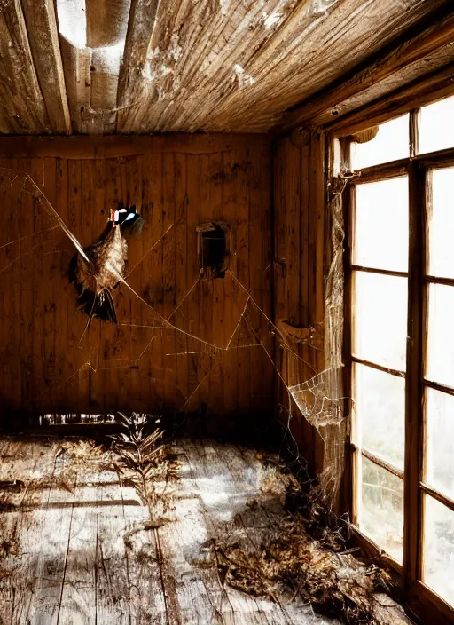 Image similar to a film production still, 2 8 mm, wide shot of a cabin interior, rooster, wooden furniture, cobwebs, spiderwebs, window light illuminates dust in the air, abandoned, depth of field, cinematic