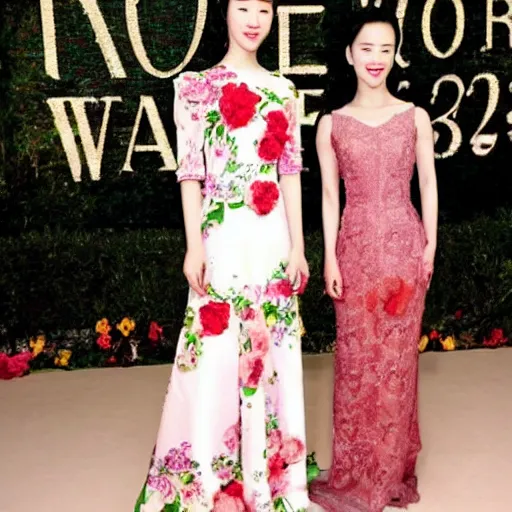 Prompt: zhangziyi and liuyifei in a same frame.flowers around.