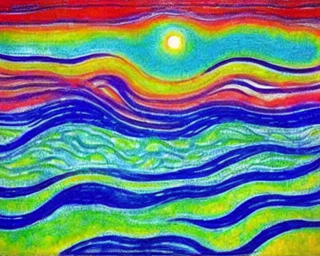 Image similar to Ocean waves in a psychedelic dream world. DMT. Landscape painting by Edvard Munch. David Hockney.