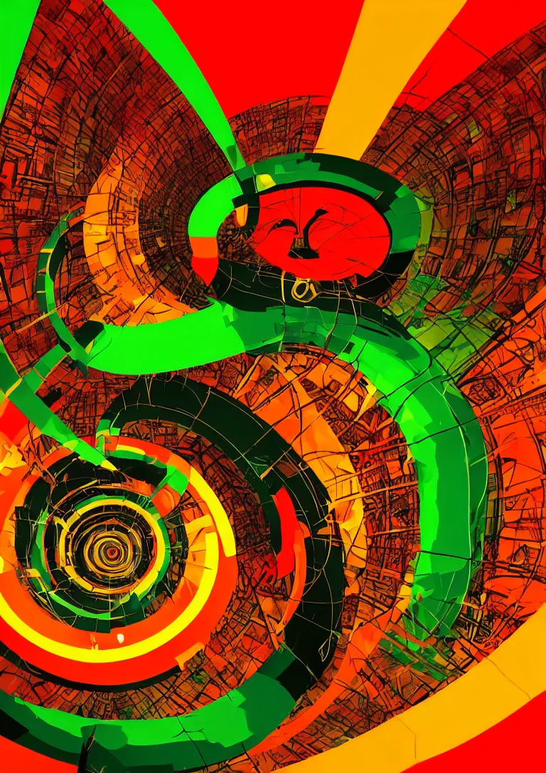 Prompt: Behind the troubled indecisive man was The portal into his imagination containing a swirling vortex of memories and ideas. High concept art. Introspective. Red orange yellow green themed.