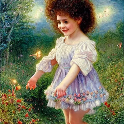 Prompt: A little girl with curly brown hair with a happy expression wearing a summer dress dancing with fireflies, high quality award winning painting by Sophie Anderson