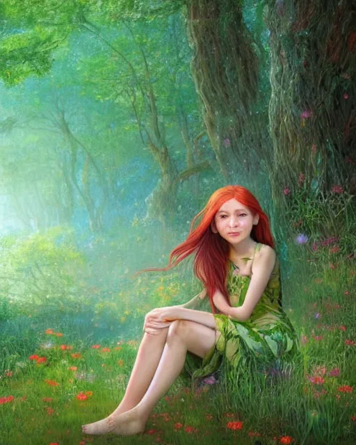 Prompt: infp girl, smiling, amazed by the lights of golden fireflies, sitting in the midst of nature fully covered, long loose red hair, intricate linework, dreamy green eyes, small nose with freckles, oval shape face, realistic, expressive emotions, dramatic lights, spiritual scene, hyper realistic ultrafine digital art by james jean and albert bierstadt and artgerm