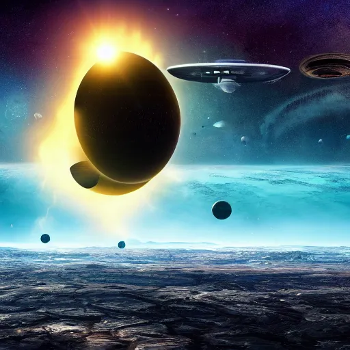 Prompt: hyperdetailed image of a ufo space battle on a distant unknown creepy planet 8 k extremely detailed hd hyperrealism mysterious movie studio effects
