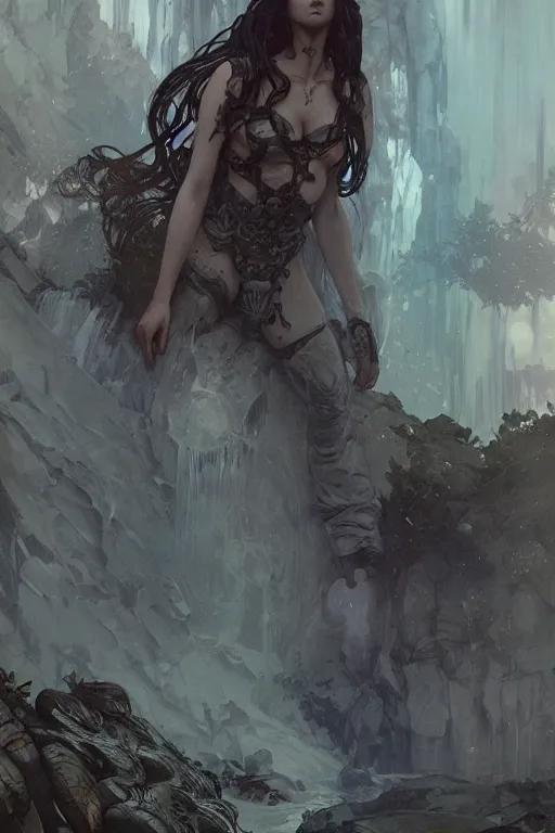 Prompt: a full body portrait of a beautiful post apocalyptic offworld nordic necromancer reclining by the waterfalls, intricate, elegant, highly detailed, digital painting, artstation, concept art, smooth, sharp focus, illustration, art by krenz cushart and artem demura and alphonse mucha