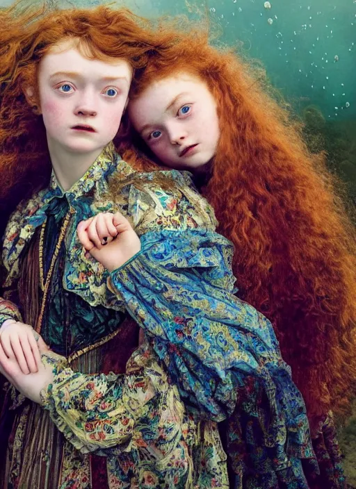 Image similar to sadie sink detailed colourful masterpiece of intricate preraphaelite photography couple portrait sat down extreme closeup, love, inside a full underwater train, detailed realistic expressions, wearing unusual clothes, by ford madox brown and william powell frith and frederic leighton and john william waterhouse and william morris, ultra wide angle