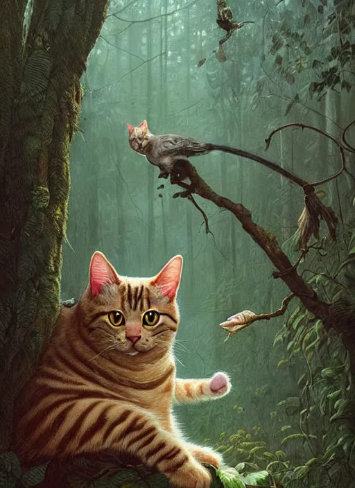 Image similar to a hyper realistic illustrated cat with playing with a bird in the woods gorgeous lighting, lush forest foliage painting by chiara bautista and beksinski and norman rockwell and greg rutkowski weta studio, and lucasfilm